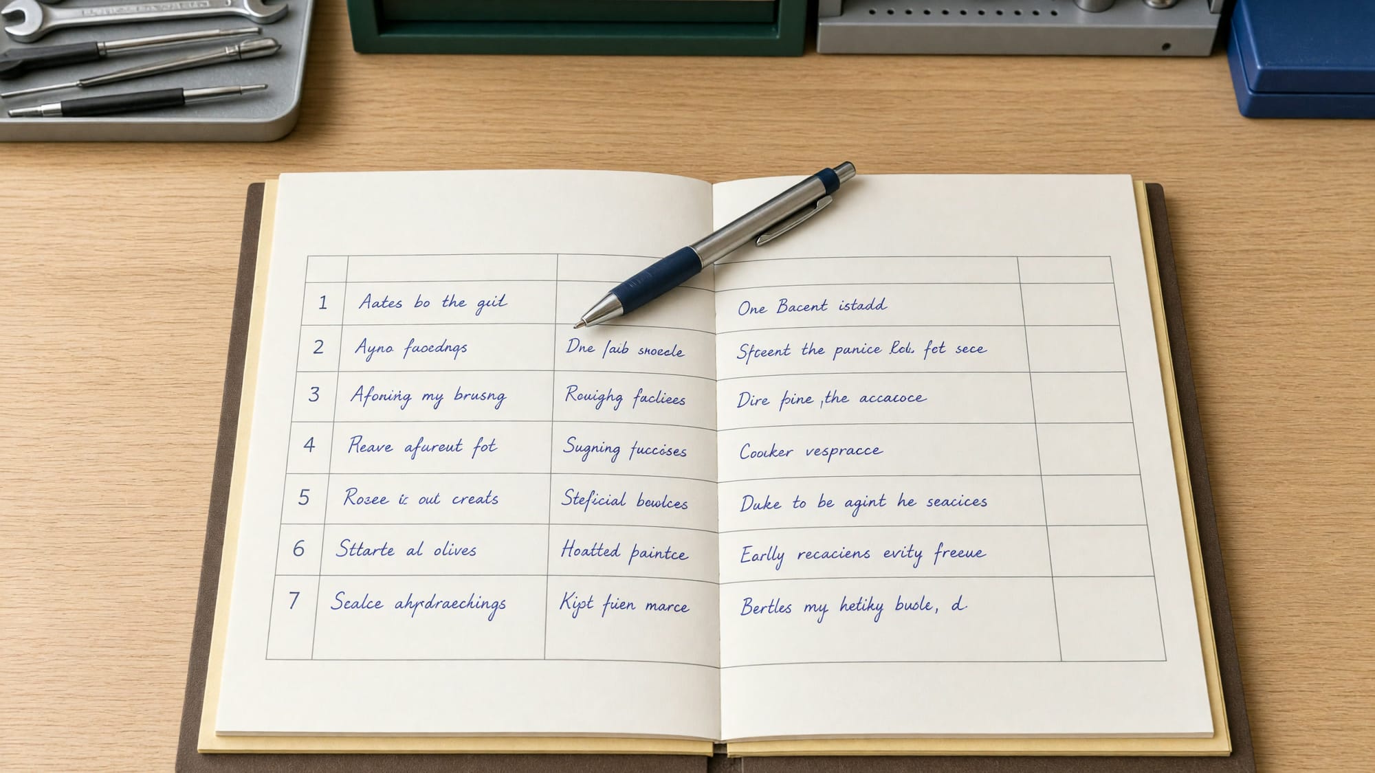 A carbonless duplicate job pad open with a pen resting in the fold