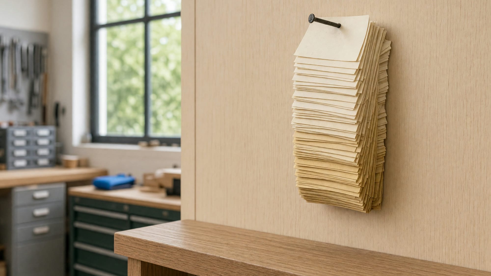 A thick spike of paper job slips impaled on a nail above a workbench